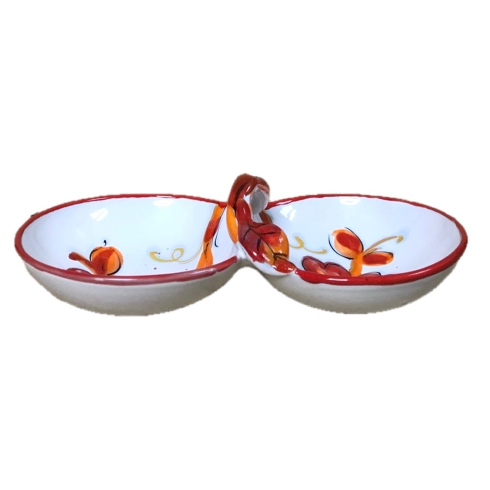 Italian Pottery Dipping Sauce Two Compartment Basket Trinket Holder White Orange - Picture 2 of 4